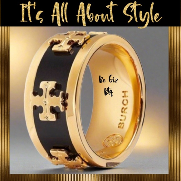 🆕 Tory Burch Authentic Wide Band Black Enamel With Gold Raised Logo Ring 7 - Picture 1 of 10